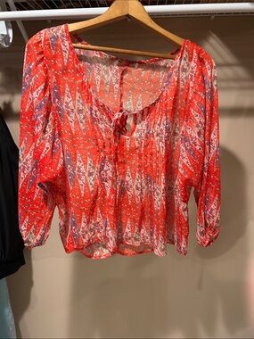 Red Printed Tie-Neck sheer Peasant Blouse